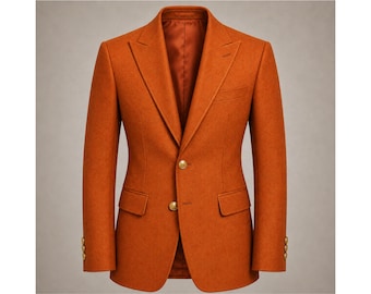 Men's Orange Wool Blazer Jacket | Luxury Formal Suit Coat | Handmade Designer Tuxedo Style Jacket | Elegant Wedding Party Wear