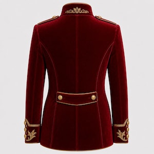 Red Velvet Military Jacket, Royal Gothic Coat, Men’s Steampunk Blazer, Gold Embroidered Double Breasted Costume Coat image 3