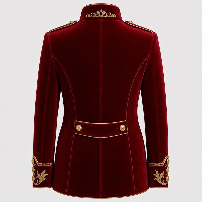 Red Velvet Military Jacket, Royal Gothic Coat, Men’s Steampunk Blazer, Gold Embroidered Double Breasted Costume Coat image 3