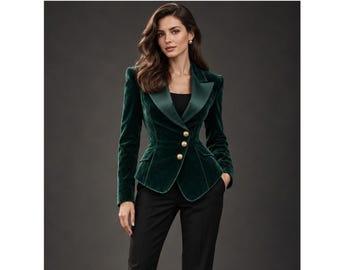 Smaragdgrüner Samtblazer für Damen, formelle Jacke mit Satinrevers, taillierter Blazer mit goldenen Knöpfen, elegante Abendgarderobe