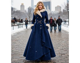 Damen-Wintermantel in Marineblau mit Kunstpelzkragen | Eleganter langer Wollmantel | Taillierter Mantel mit Gürtel | Warme Wintermode