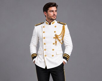 Weiße Militärjacke für Herren, formelle Paradeuniformjacke, goldbestickte Offiziersjacke, Zeremonienjacke für Blaskapellen, formeller Militärmantel