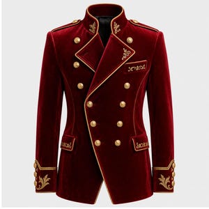 Red Velvet Military Jacket, Royal Gothic Coat, Men’s Steampunk Blazer, Gold Embroidered Double Breasted Costume Coat image 1