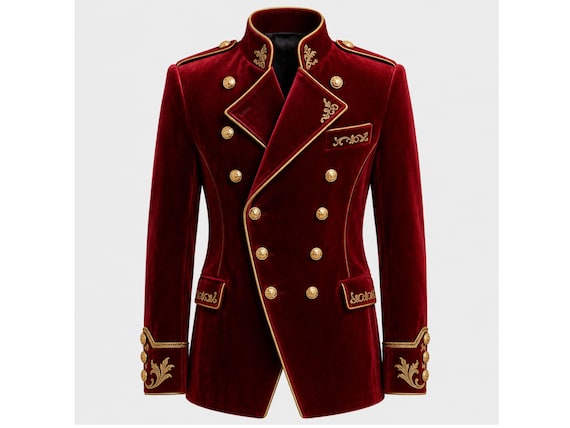 Red Velvet Military Jacket, Royal Gothic Coat, Men’s Steampunk Blazer, Gold Embroidered Double Breasted Costume Coat