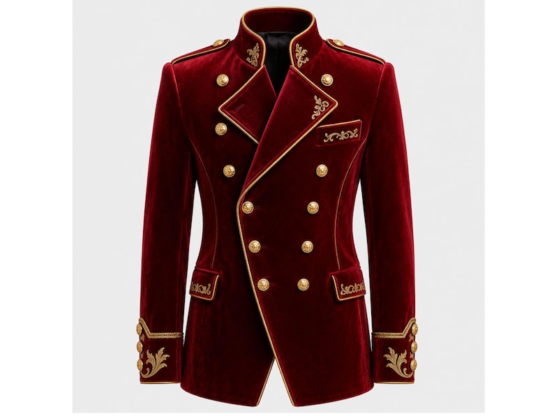 Red Velvet Military Jacket, Royal Gothic Coat, Men’s Steampunk Blazer, Gold Embroidered Double Breasted Costume Coat image 1
