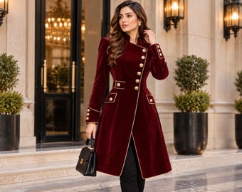 Luxuriöser burgunderroter Samtmantel im Militärstil für Damen | Lange Jacke im viktorianischen Stil mit goldenen Knöpfen | Elegante, formelle Winterbekleidung | Designer-Samt