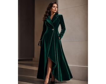 Women’s Emerald Green Velvet Long Coat, Luxury Maxi Blazer Coat, Elegant Victorian Style Jacket, Formal Evening Winter Coat