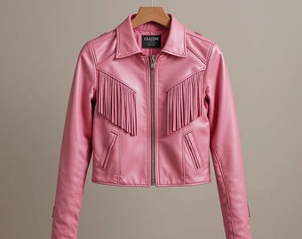 Blouson femme rose en cuir véritable à franges - Manteau motard élégant, vêtement d'extérieur d'inspiration occidentale