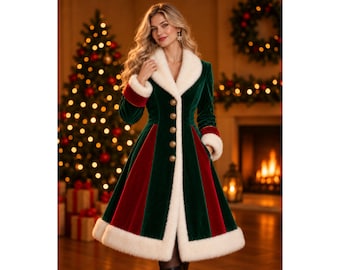 Weihnachtlicher Samtmantel für Damen | Festlicher Mantel in Grün und Rot mit Kunstpelzbesatz | Wintermantel im viktorianischen Stil | Festliches Geschenk für Sie