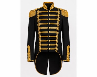 Royal Military Tailcoat Jacket, Black Gold Hussar Costume Coat, Victorian Steampunk Men’s Uniform Parade Band Jacket Historical Cosplay Coat