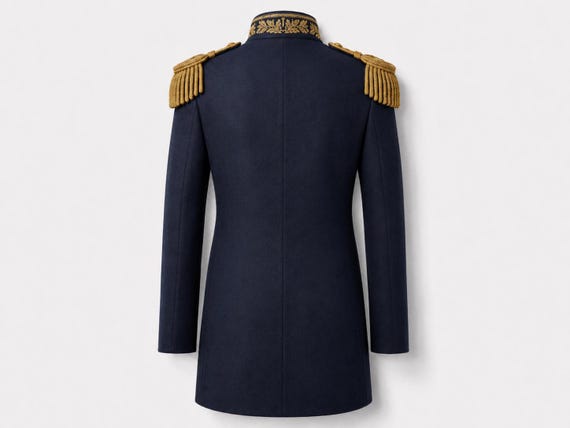 Men's Navy Blue Military Officer Coat | Ceremonial Dress Uniform Jacket | Gold Embroidered Epaulettes | Double Breasted Parade Coat