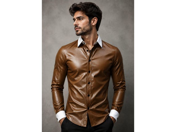 Men's Brown Leather Shirt | Premium Genuine Leather Button Up Shirt | Luxury Slim Fit Leather Top | Stylish Casual & Party Wear Jacket Shirt