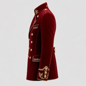 Red Velvet Military Jacket, Royal Gothic Coat, Men’s Steampunk Blazer, Gold Embroidered Double Breasted Costume Coat image 5