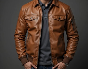 Men's Brown Leather Jacket | Classic Bomber Style Jacket | Vintage Casual Motorcycle Jacket | Premium Faux Leather Outerwear Gift for Him