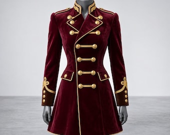 Luxuriöser burgunderroter Samtmantel im Militärstil für Damen | Goldbestickte viktorianische Offiziersjacke im Stil einer königlichen Paradeuniform, handgefertigt