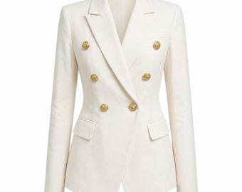 Elegant White Double-Breasted Women's Blazer with Gold Buttons – Tailored Fit, Formal & Chic Jacket