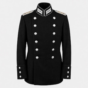 Men's Black Military Officer Coat | Double Breasted Parade Jacket | Gothic Victorian Uniform Coat | Silver Trim Formal Military Jacket