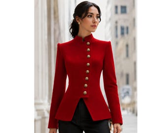 Elegant Red Women Coat | Designer Structured Formal Jacket | Luxury Tailored Winter Coat | Gold Button High Neck Office Wear Coat