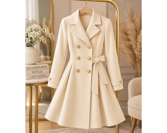 Elfenbeinfarbener, zweireihiger Mantel für Damen, eleganter, taillierter Trenchcoat mit langen Ärmeln und ausgestelltem Schnitt, cremefarbene, formelle Winteroberbekleidung