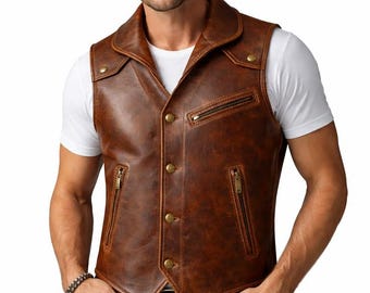 Men’s Vintage Brown Leather Vest – Classic Biker & Casual Style