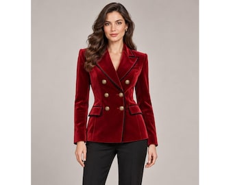 Damenblazer aus rotem Samt | Luxuriöser, zweireihiger Blazer | Elegante Businessjacke | Blazer mit goldenen Knöpfen im Militärstil