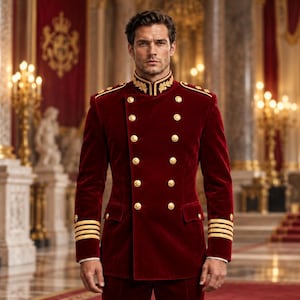 Men's Burgundy Red Velvet Military Jacket, Gold Button Double Breasted Royal Officer Coat, Victorian Gothic Parade Uniform, Luxury Costume