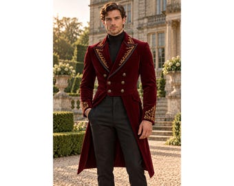 Burgunderfarbener Samtfrack für Herren, goldbestickte viktorianische Militärjacke, gotischer Hochzeitsmantel, Steampunk-Blazer