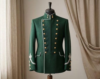 Luxe groene militaire huzarenjas voor heren – Victoriaanse band uniformjas, gotische steampunkblazer, handgemaakte parade en cosplayjas