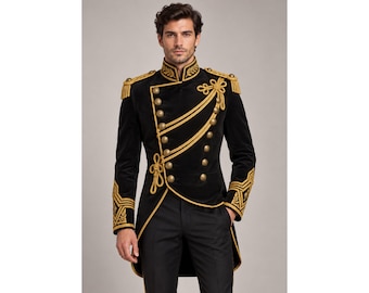 Schwarze Militäruniformjacke für Herren, goldbestickter Offiziersmantel im viktorianischen Stil, Paradejacke, Maßanfertigung