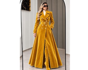 Senfgelber Samtmantel für Damen, langer, zweireihiger Militärmantel, Maxi-Mantel mit Gürtel, Wintermantel im viktorianischen Stil