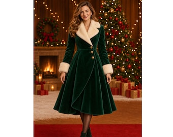 Smaragdgrüner Samt-Weihnachtsmantel für Damen, langer Wintermantel mit Kunstpelzbesatz, Vintage-Festtagsmantel, eleganter Festtagsmantel