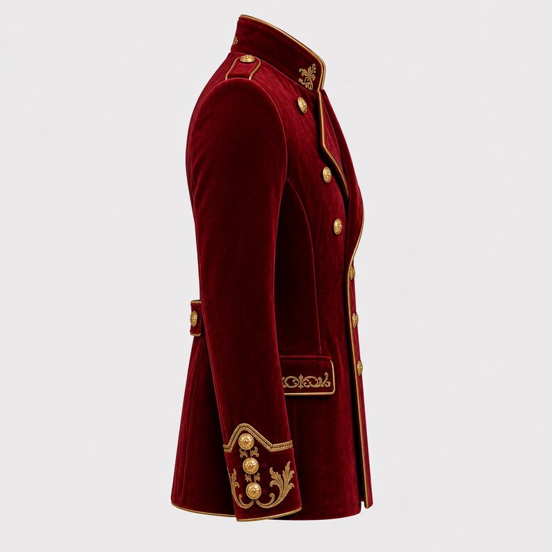 May include: A deep red velvet jacket featuring a high collar, gold piping, and gold-toned buttons. The garment includes intricate gold embroidery on the collar, cuffs, and pocket flaps, with a structured silhouette and long sleeves.