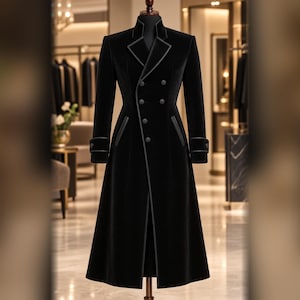 Men's Black Gothic Victorian Long Coat, Double Breasted Velvet Tailored Overcoat, Steampunk Vampire Jacket, Luxury Formal Winter Coat