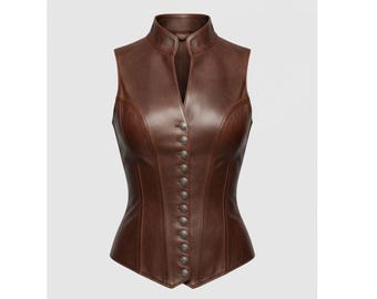 Women's Brown Genuine Leather Vest | Vintage Steampunk Waistcoat | Tailored Leather Corset Vest Gothic Western Fashion Top Handmade Leather