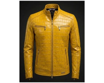 Mosterdgele leren herenjas met krokodilreliëf | Premium biker-motorjas | Handgemaakte slim-fit leren jas