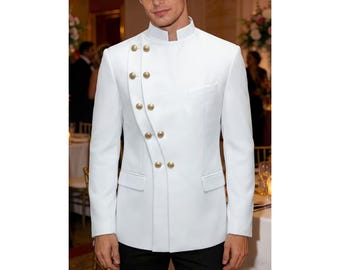 White Military Style Blazer for Men, Band Collar Formal Jacket, Gold Button Wedding Coat, Groom Reception Outfit, Luxury Men Dinner Jacket