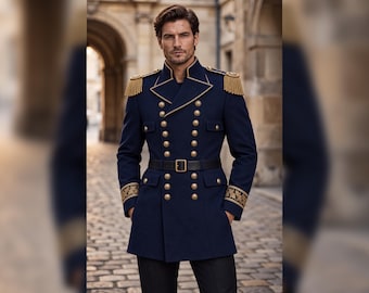 Marineblauer Herren-Militärmantel, goldbestickte Offiziersjacke, zweireihiger Zeremonialfrack, viktorianische Steampunk-Uniform