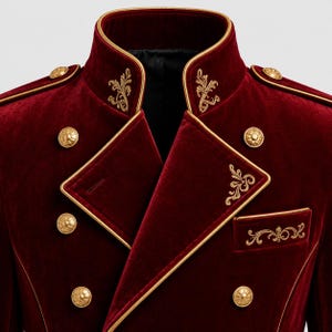 May include: A deep red velvet jacket featuring a high collar, gold piping trim, and ornate gold embroidery on the lapels and chest pocket. The garment is accented with polished gold-toned buttons arranged in a double-breasted military style.