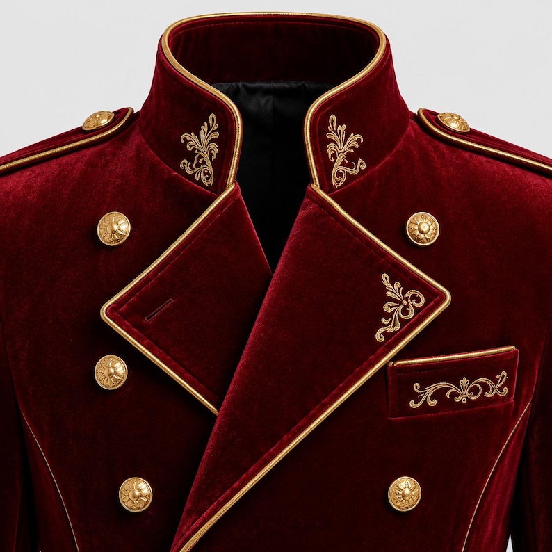 May include: A deep red velvet jacket featuring a high collar, gold piping trim, and ornate gold embroidery on the lapels and chest pocket. The garment is accented with polished gold-toned buttons arranged in a double-breasted military style.