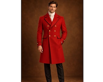 Roter viktorianischer Herren-Frack, zweireihiger Militärmantel, lange Jacke im Gothic-Steampunk-Stil, maßgeschneiderter formeller Hochzeitsmantel
