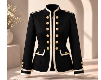 Schwarze Jacke im Militärstil mit goldenen Knöpfen, weiße Zierleiste, eleganter Blazer im Vintage-Stil, Damen-Kleiderjacke