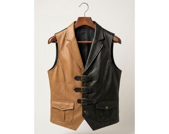 Two-Tone Leather Vest for Men – Brown & Black Stylish Buckle Waistcoat