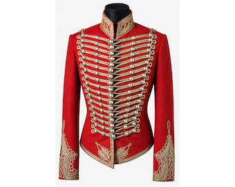 Men’s Red Hussar Military Jacket, Gold Braided Band Jacket, Royal Ceremonial Costume Coat, Victorian Parade Jacket, Steampunk Officer Jacket