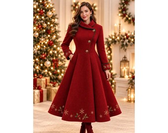Rotes Weihnachtskleid für Damen, Vintage-inspirierter Swing-Mantel, festliches Winterkleid, roter Mantel mit Schneeflockenstickerei, festliche Oberbekleidung