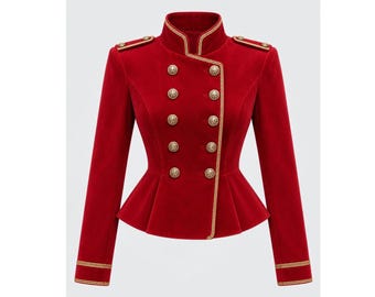 Rote Samtjacke für Damen im Militärstil, Offiziersjacke mit Goldborte, viktorianischer Steampunk-Blazer, festlicher Mantel