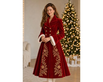 Weihnachtsmantel aus rotem Samt für Damen | Luxuriöser viktorianischer Wintermantel | Festlicher Trenchcoat mit Goldstickerei | Elegante Abendgarderobe