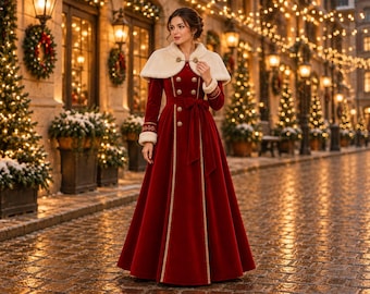 Roter Samtmantel für Damen mit Kunstpelzcape, langer viktorianischer Wintermantel, festliches Kleid mit Goldstickerei, maßgefertigt