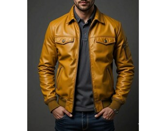 Mosterdgele leren herenjas | Premium leren jas in bikerstijl, casual motorjack met rits | Handgemaakte modieuze bovenkleding voor heren