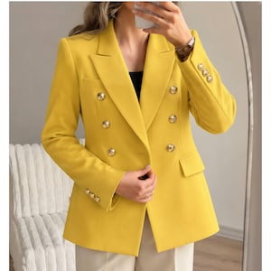 Women’s Yellow Double Breasted Blazer | Gold Button Tailored Jacket | Elegant Women’s Suit Jacket | Office & Party Blazer