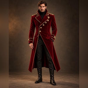 Men's Red Velvet Military Long Coat, Gothic Victorian Double Breasted Jacket, Gold Trim Steampunk Prince Cosplay Coat